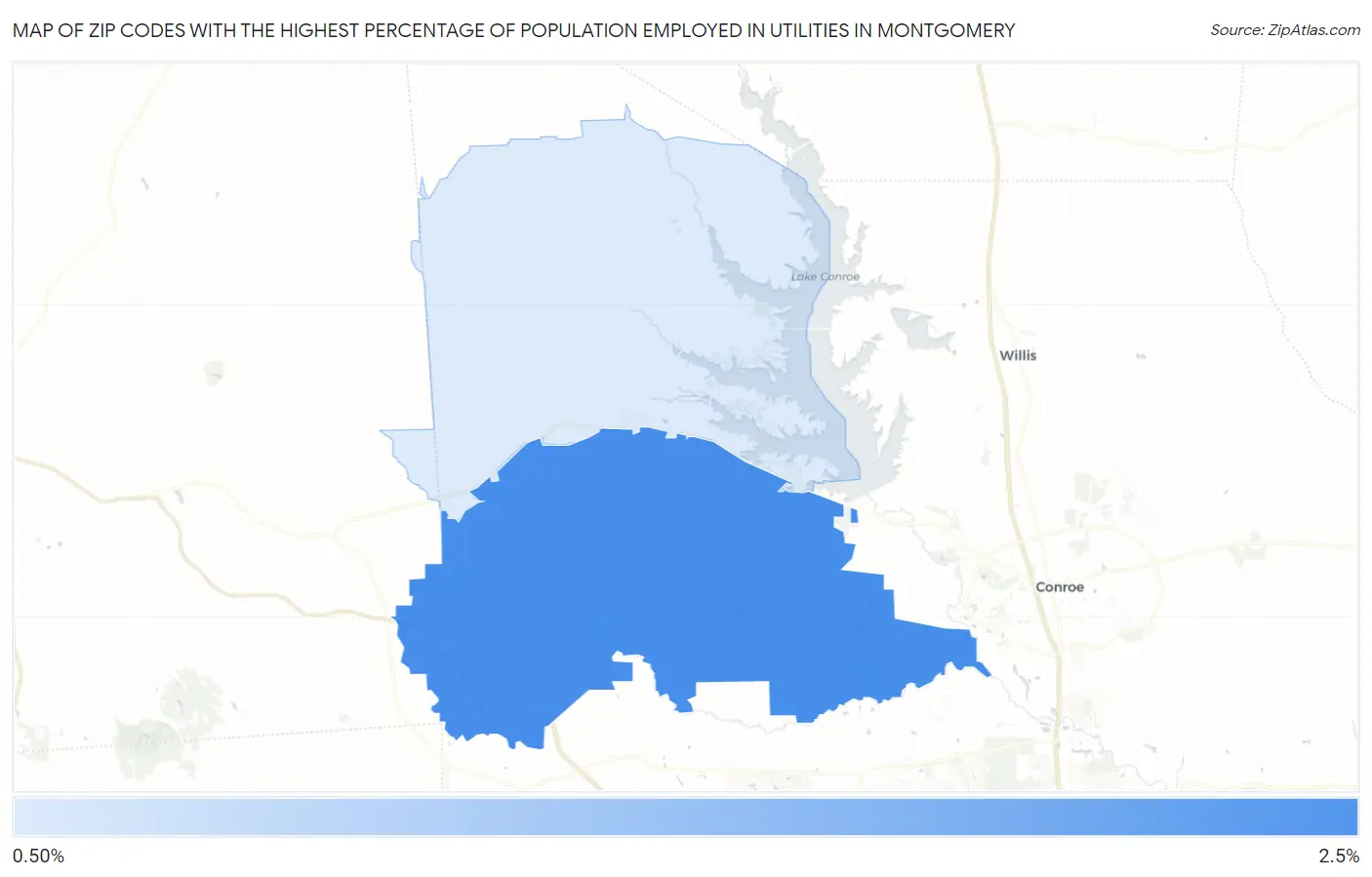 Zip Codes with the Highest Percentage of Population Employed in Utilities in Montgomery Map