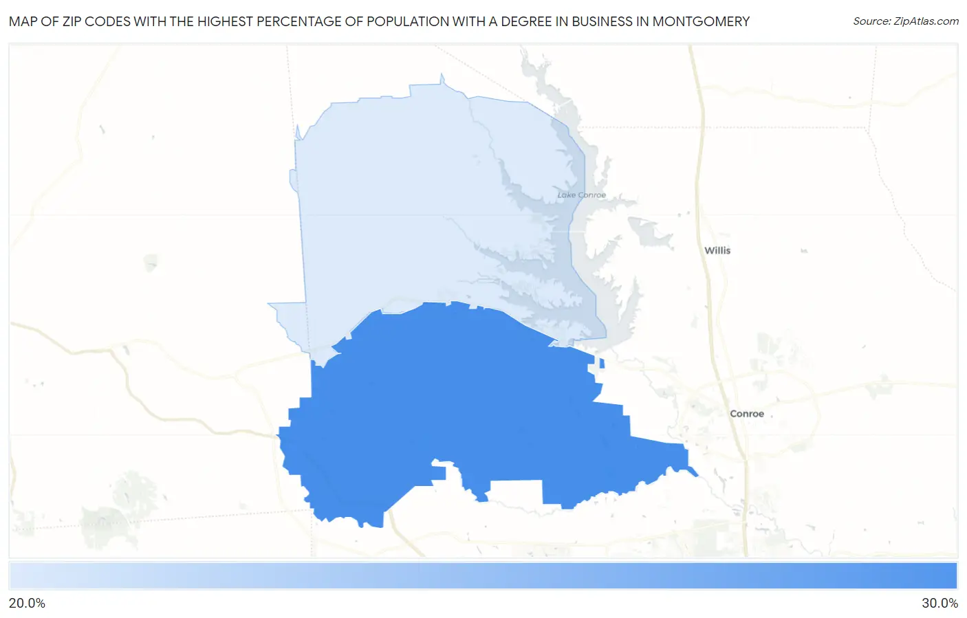 Zip Codes with the Highest Percentage of Population with a Degree in Business in Montgomery Map