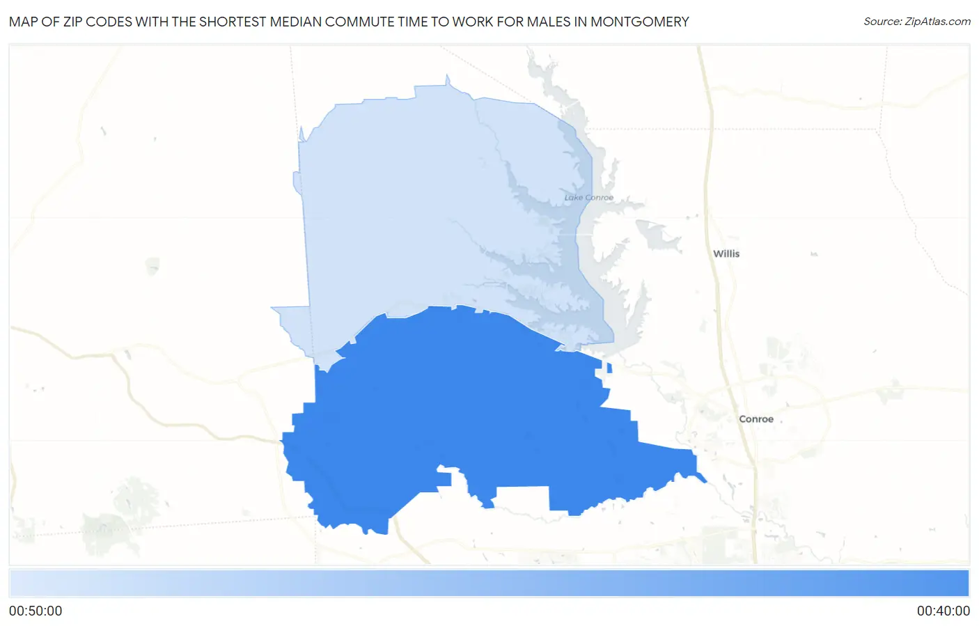 Zip Codes with the Shortest Median Commute Time to Work for Males in Montgomery Map