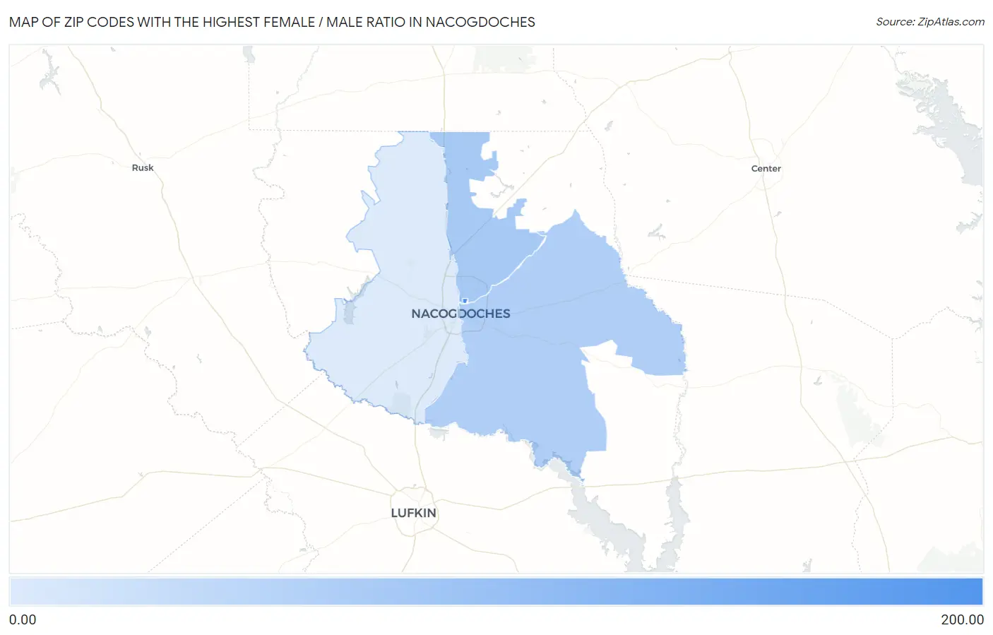 Zip Codes with the Highest Female / Male Ratio in Nacogdoches Map
