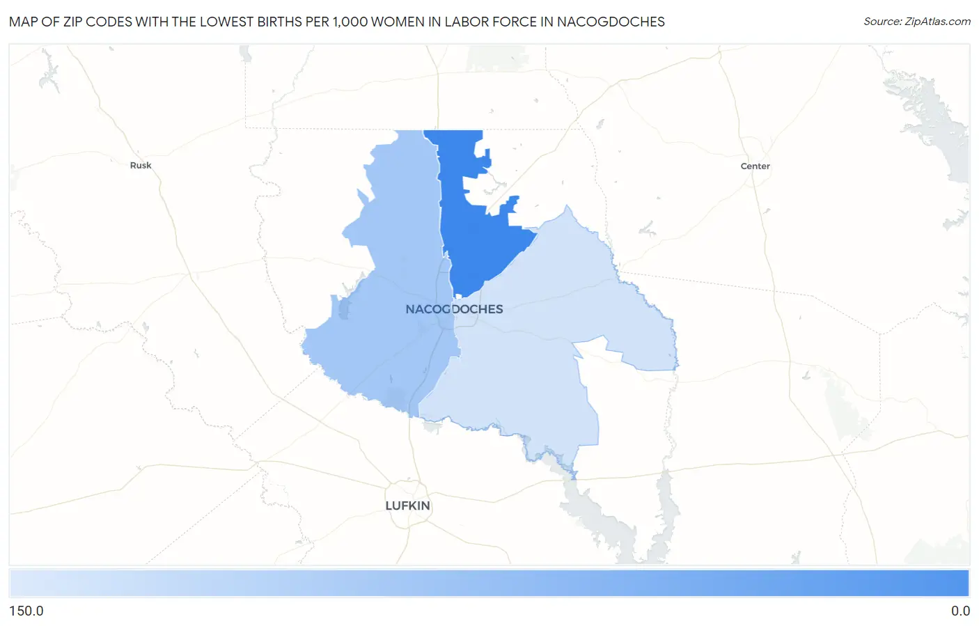 Zip Codes with the Lowest Births per 1,000 Women in Labor Force in Nacogdoches Map