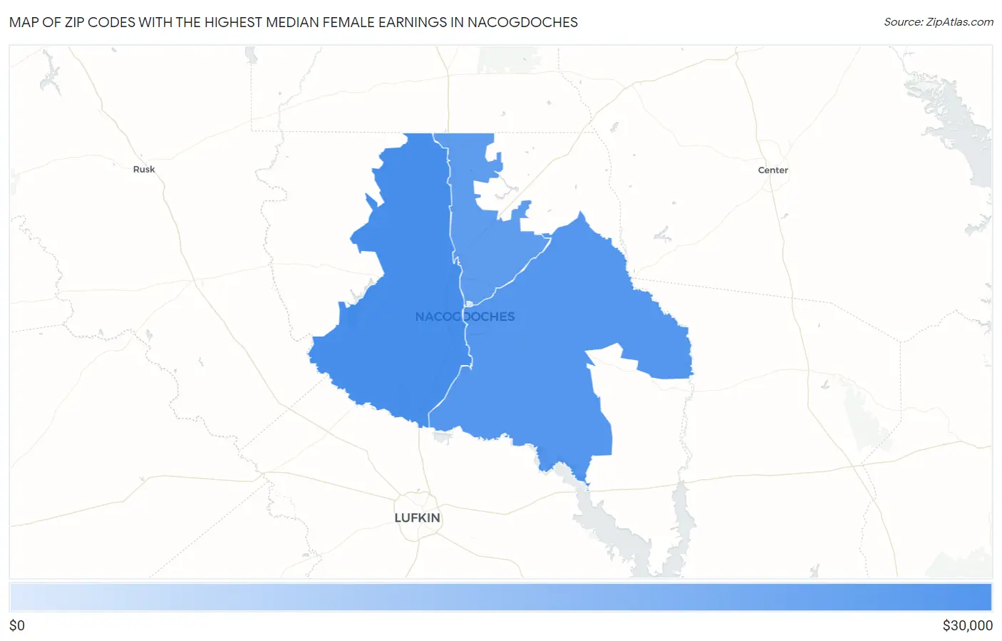 Zip Codes with the Highest Median Female Earnings in Nacogdoches Map