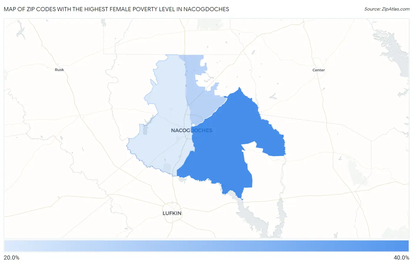 Zip Codes with the Highest Female Poverty Level in Nacogdoches Map