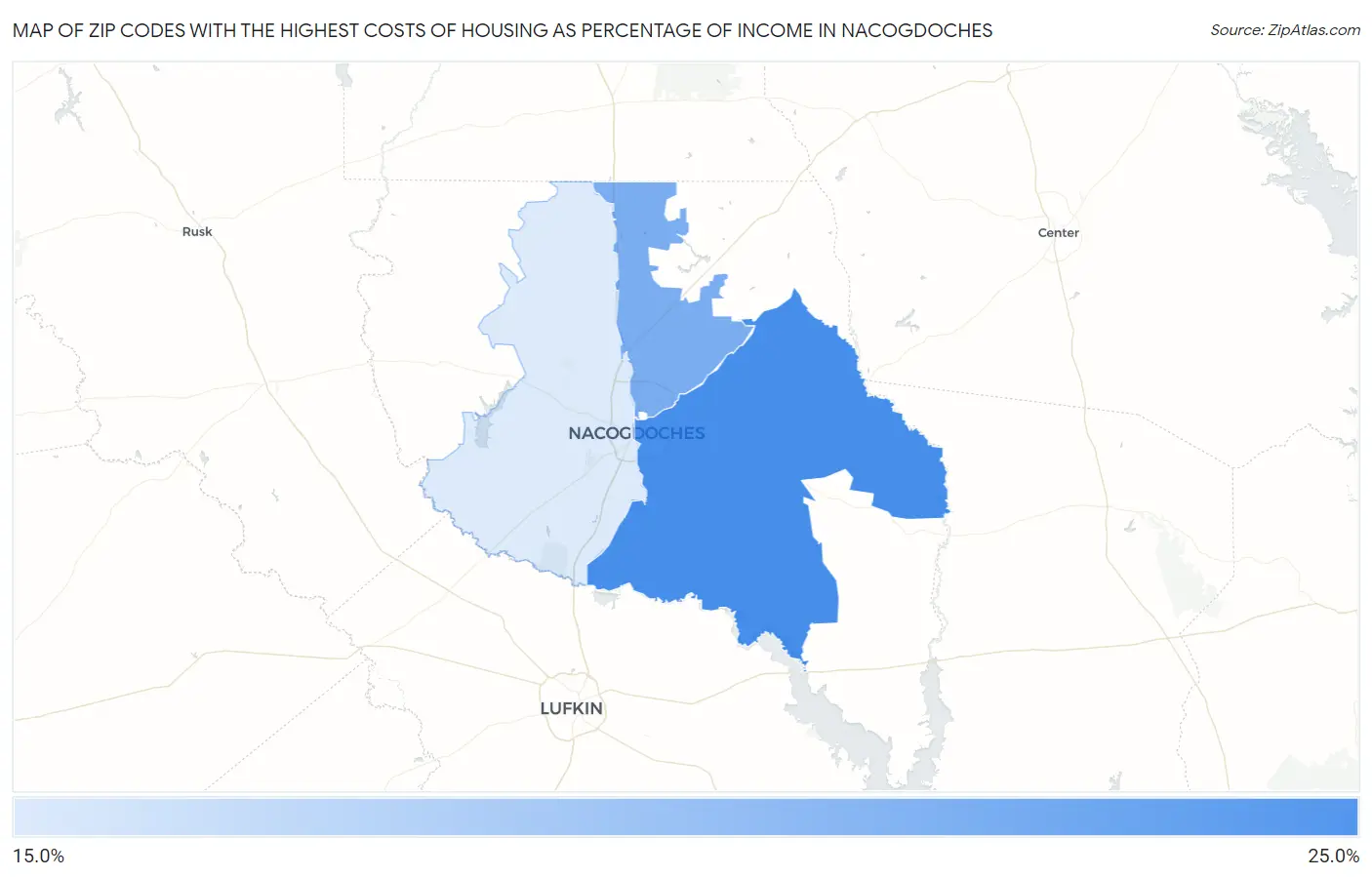 Zip Codes with the Highest Costs of Housing as Percentage of Income in Nacogdoches Map