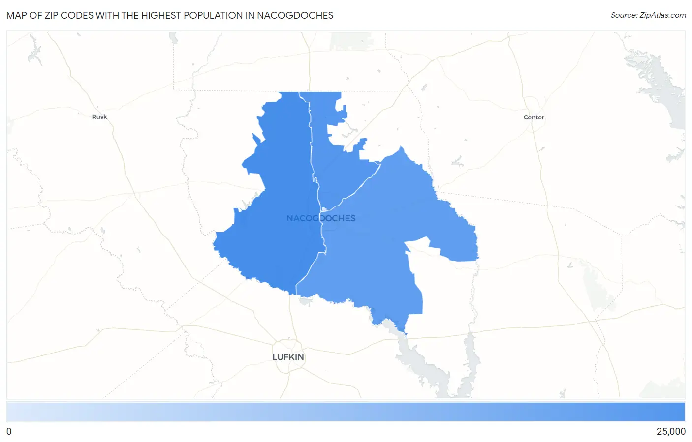 Zip Codes with the Highest Population in Nacogdoches Map