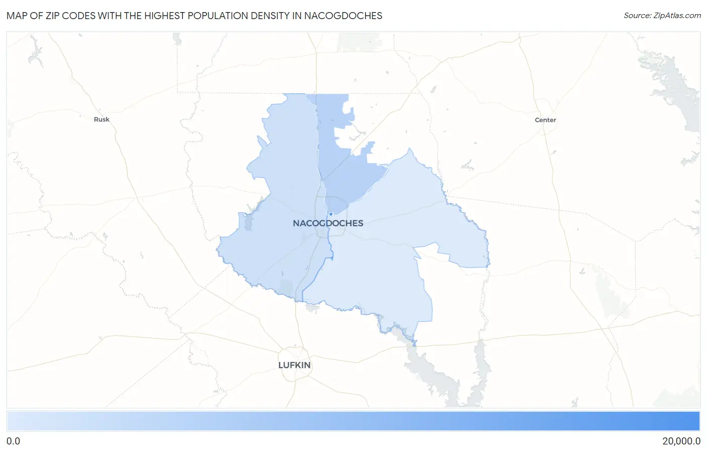 Zip Codes with the Highest Population Density in Nacogdoches Map