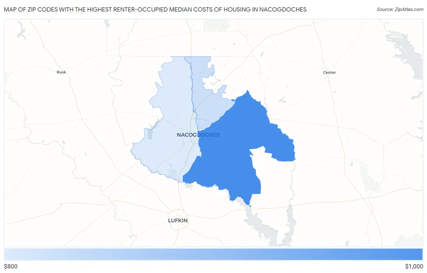 Zip Codes with the Highest Renter-Occupied Median Costs of Housing in Nacogdoches Map