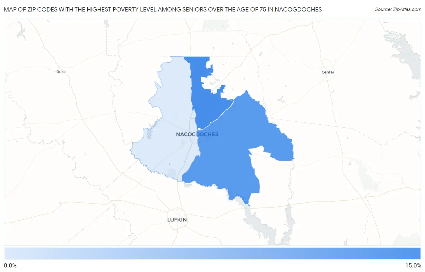 Zip Codes with the Highest Poverty Level Among Seniors Over the Age of 75 in Nacogdoches Map
