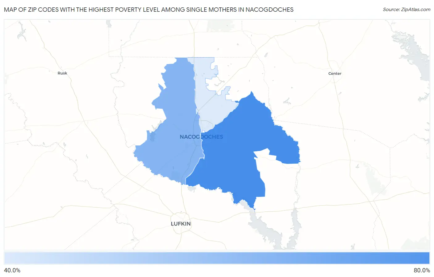 Zip Codes with the Highest Poverty Level Among Single Mothers in Nacogdoches Map