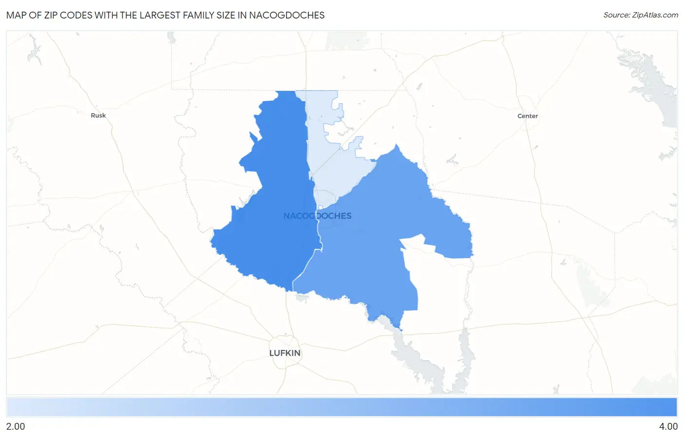 Zip Codes with the Largest Family Size in Nacogdoches Map