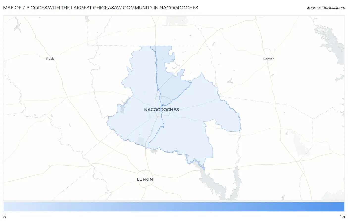 Zip Codes with the Largest Chickasaw Community in Nacogdoches Map