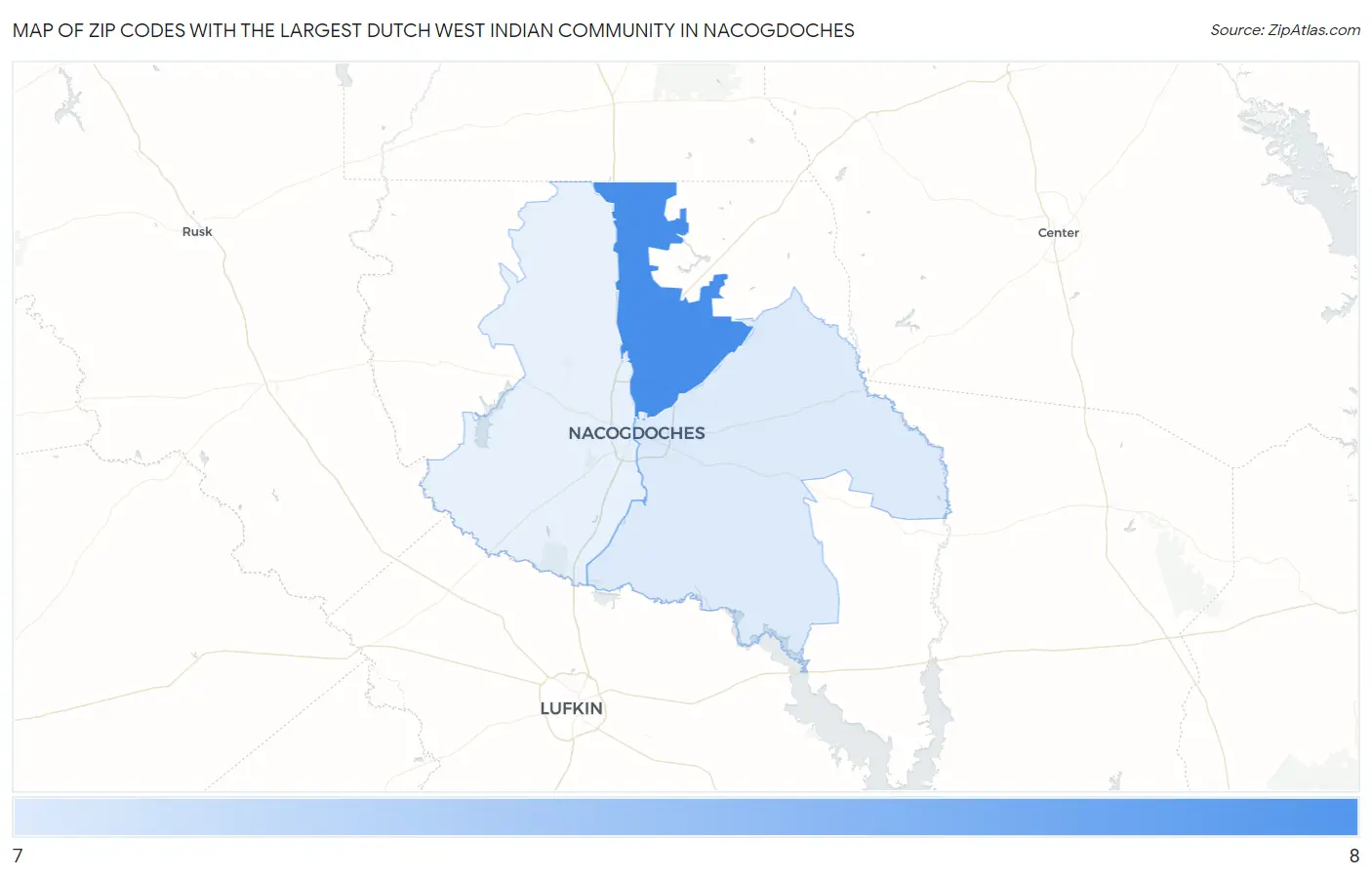 Zip Codes with the Largest Dutch West Indian Community in Nacogdoches Map