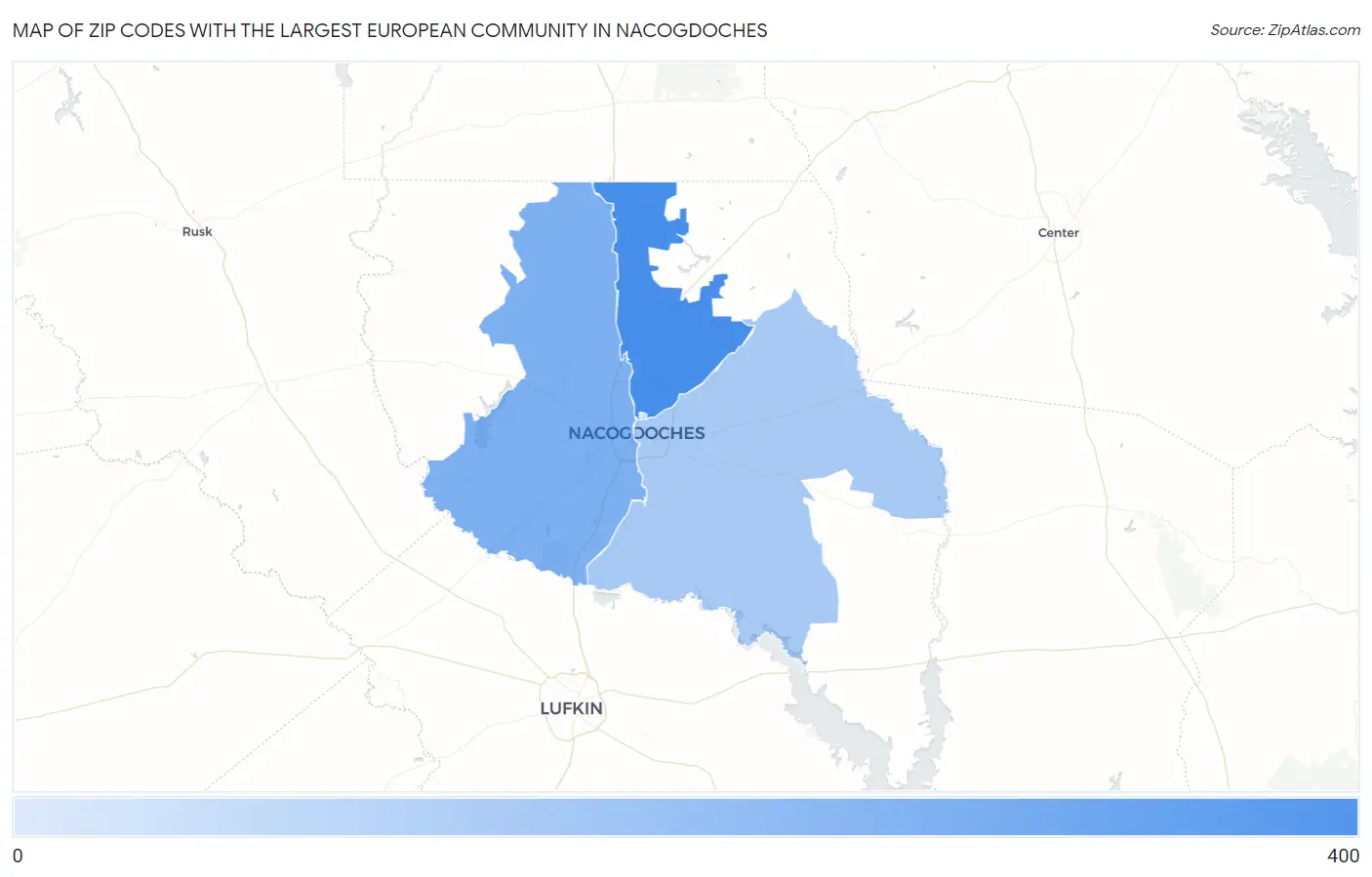 Zip Codes with the Largest European Community in Nacogdoches Map