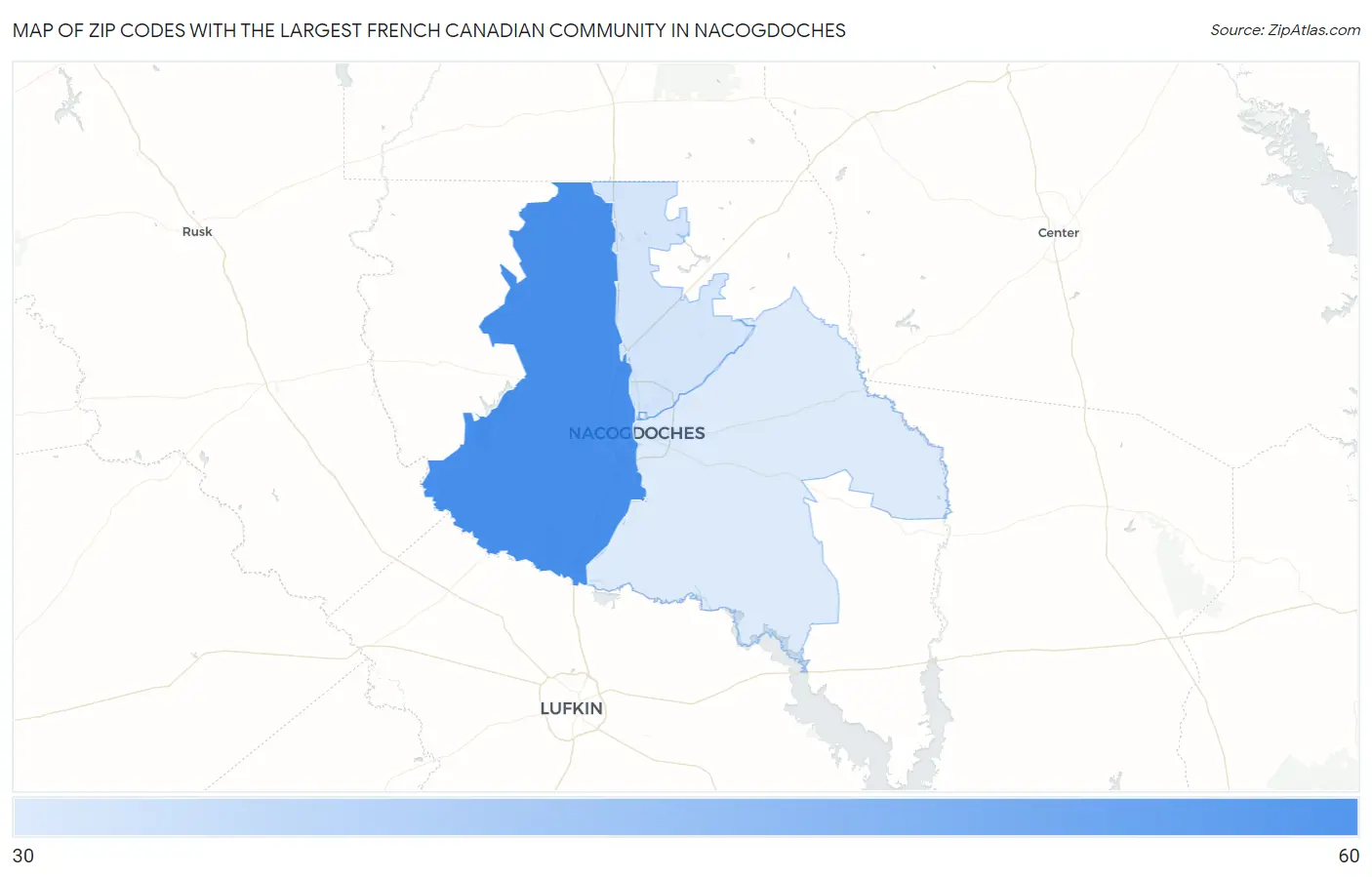 Zip Codes with the Largest French Canadian Community in Nacogdoches Map
