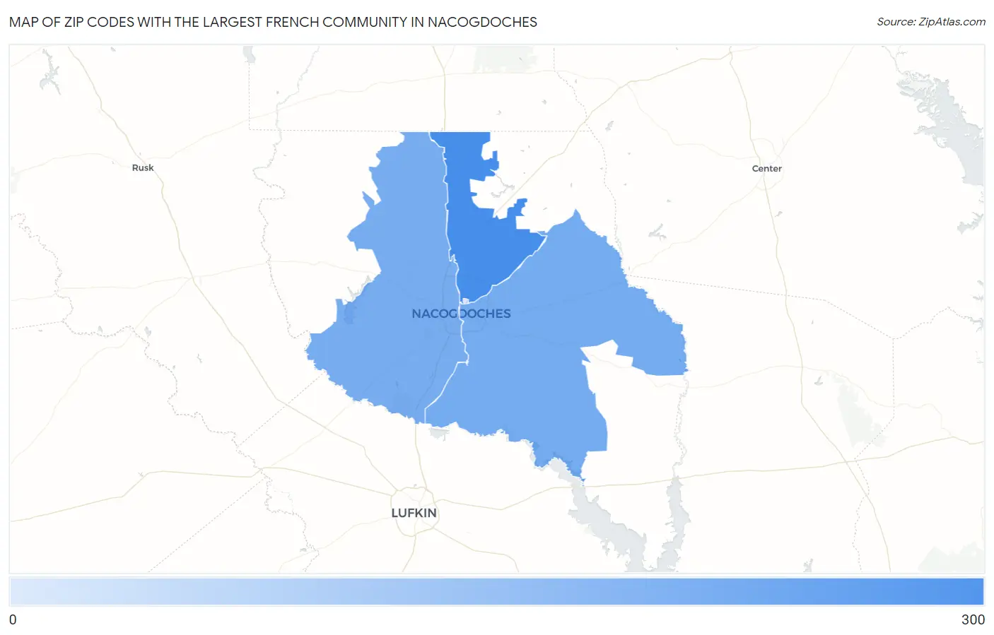 Zip Codes with the Largest French Community in Nacogdoches Map