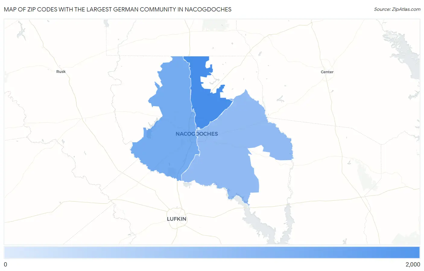 Zip Codes with the Largest German Community in Nacogdoches Map