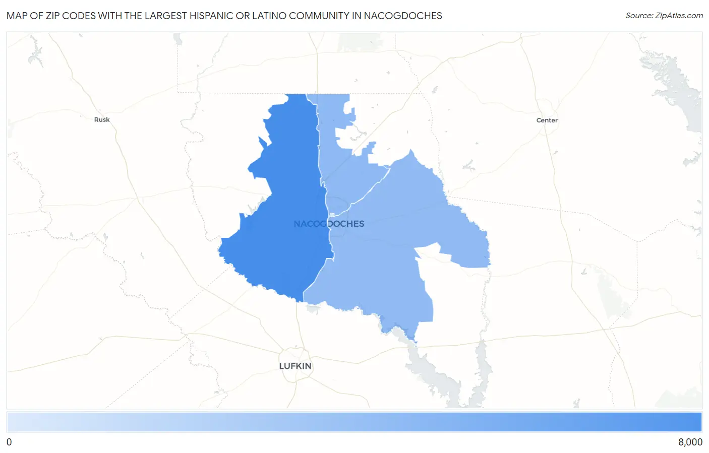 Zip Codes with the Largest Hispanic or Latino Community in Nacogdoches Map