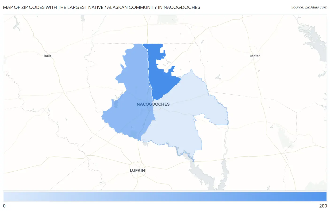 Zip Codes with the Largest Native / Alaskan Community in Nacogdoches Map