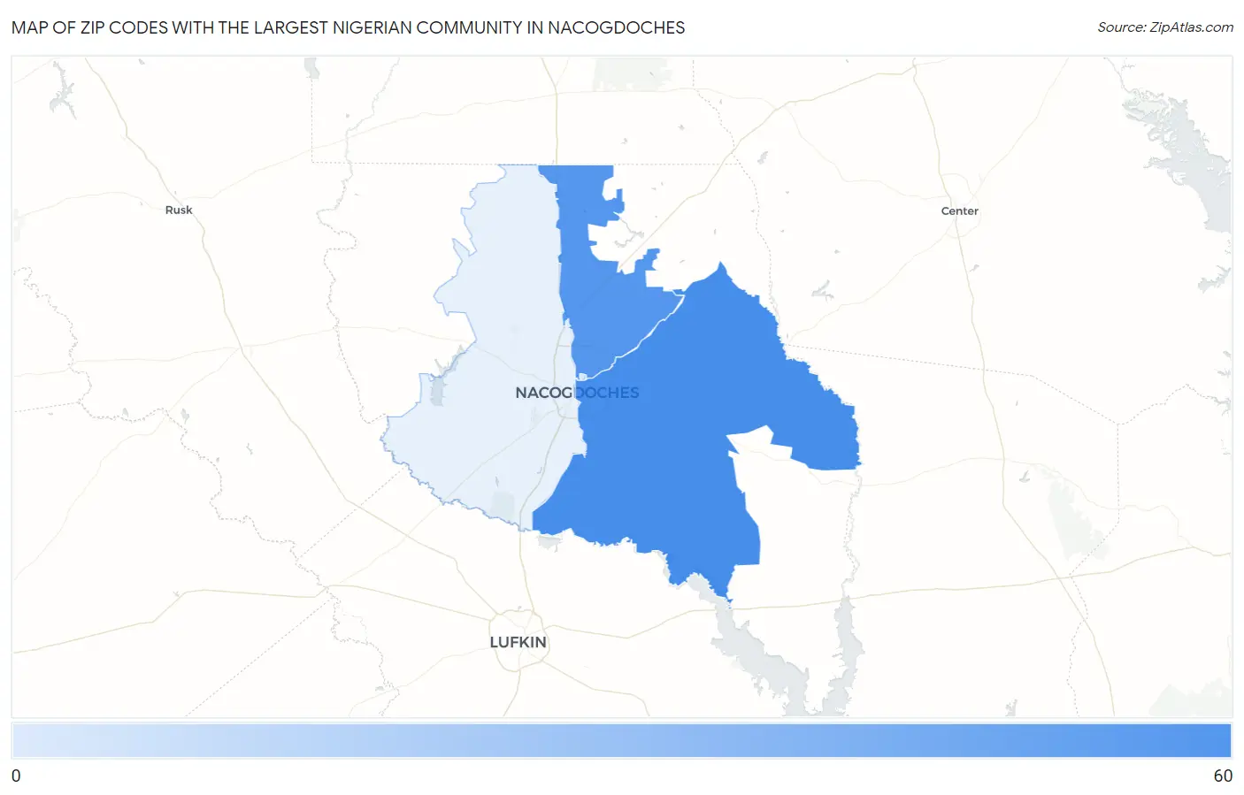 Zip Codes with the Largest Nigerian Community in Nacogdoches Map