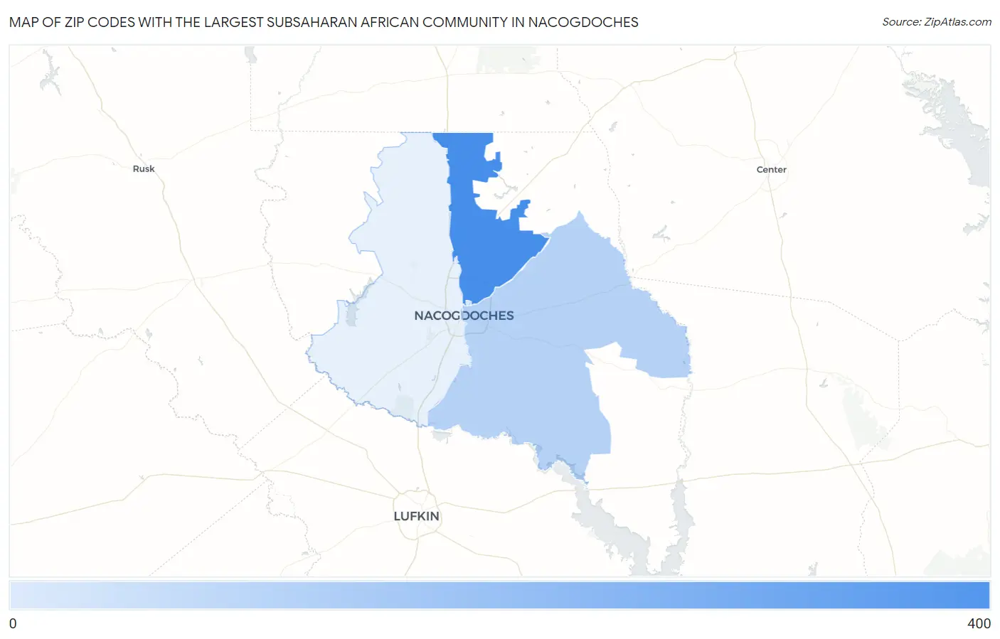 Zip Codes with the Largest Subsaharan African Community in Nacogdoches Map