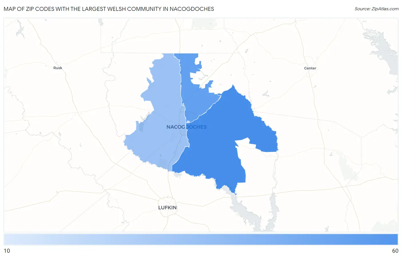 Zip Codes with the Largest Welsh Community in Nacogdoches Map