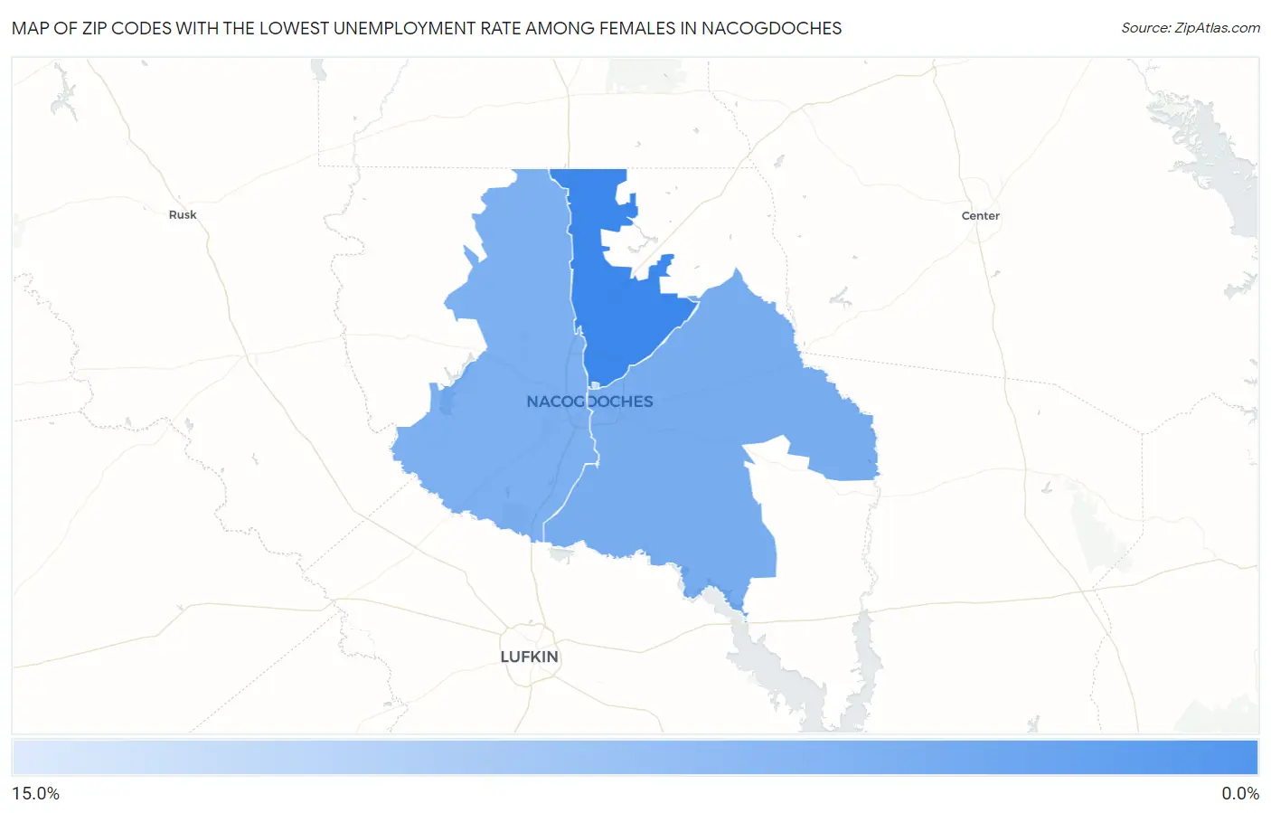 Zip Codes with the Lowest Unemployment Rate Among Females in Nacogdoches Map
