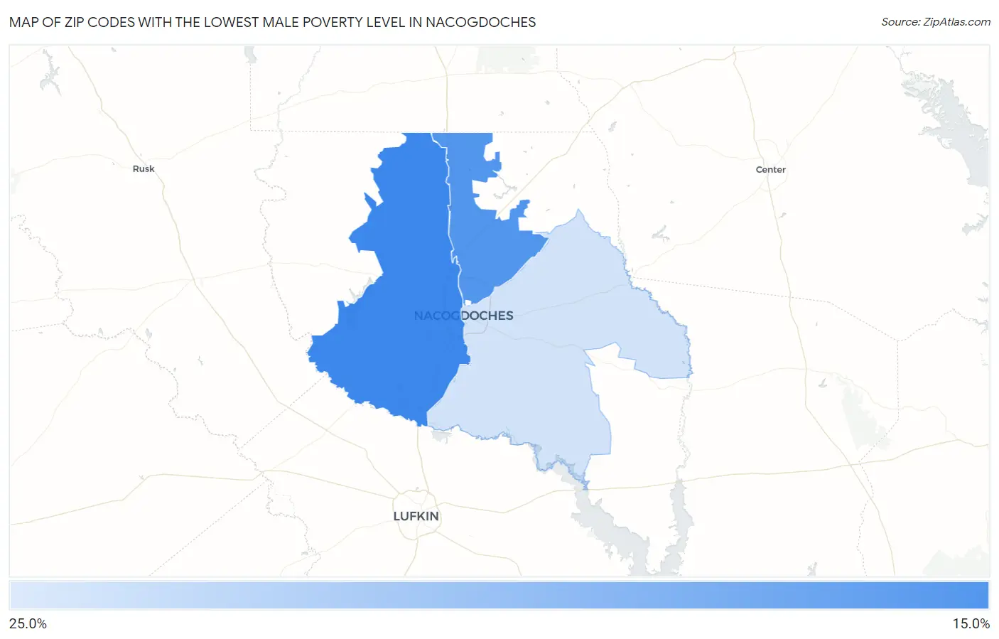 Zip Codes with the Lowest Male Poverty Level in Nacogdoches Map