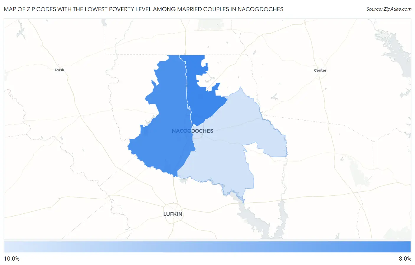 Zip Codes with the Lowest Poverty Level Among Married Couples in Nacogdoches Map