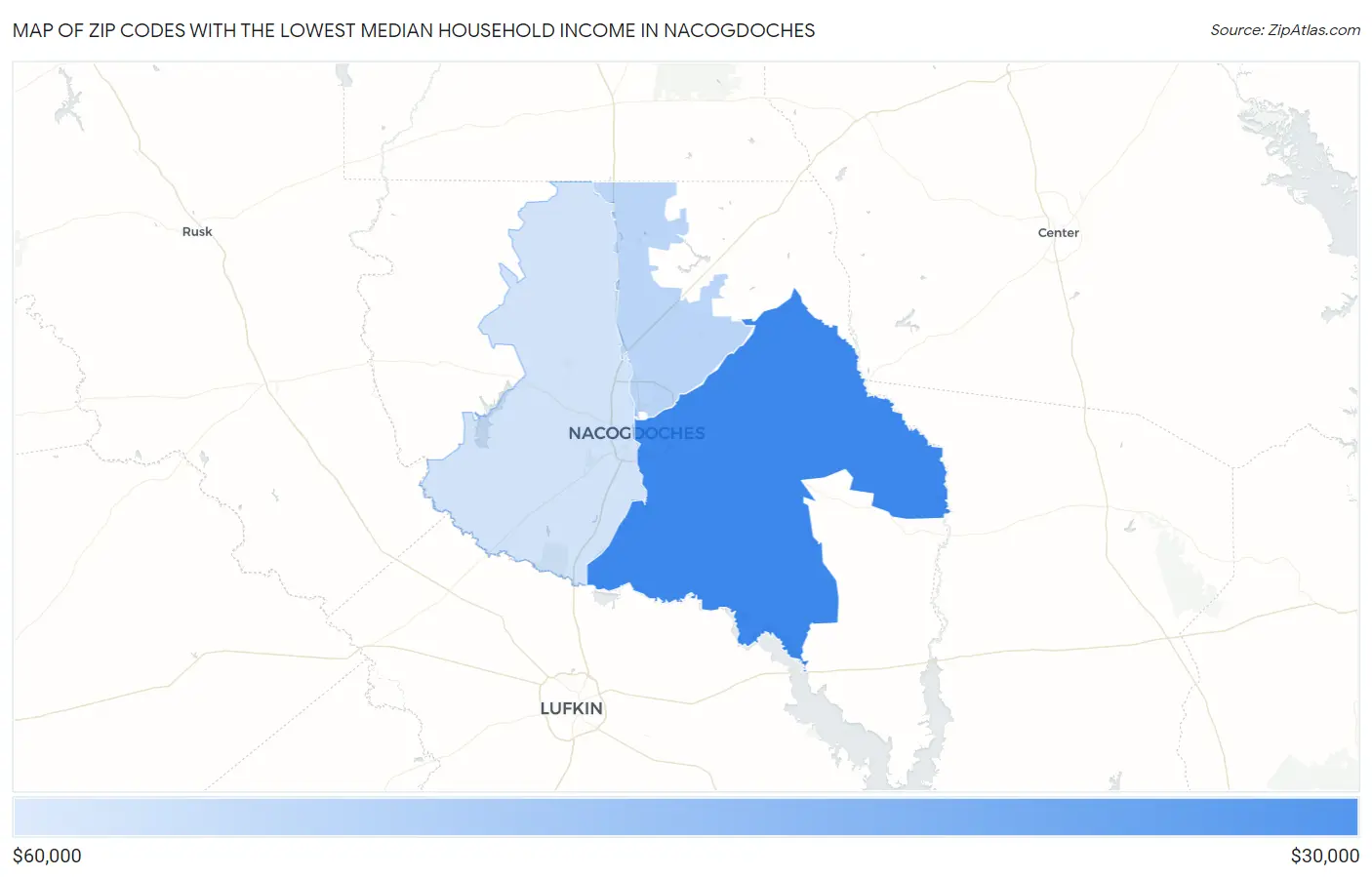 Zip Codes with the Lowest Median Household Income in Nacogdoches Map