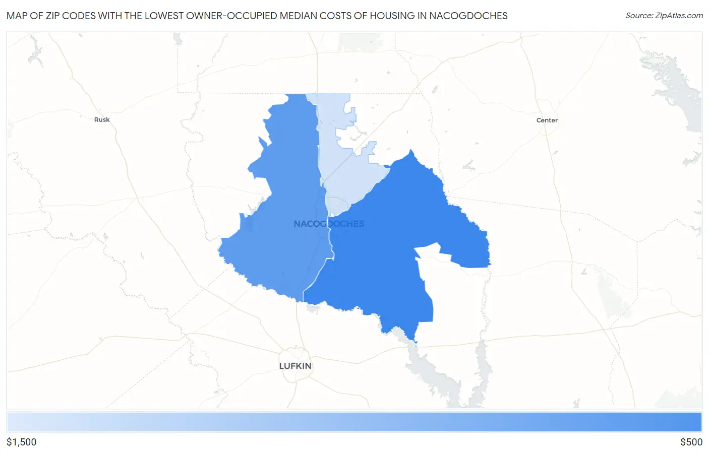 Zip Codes with the Lowest Owner-Occupied Median Costs of Housing in Nacogdoches Map
