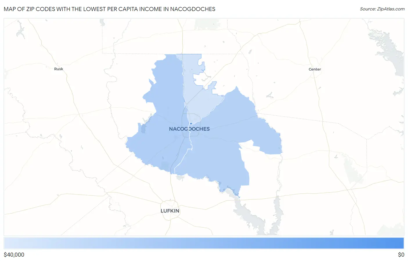 Zip Codes with the Lowest Per Capita Income in Nacogdoches Map