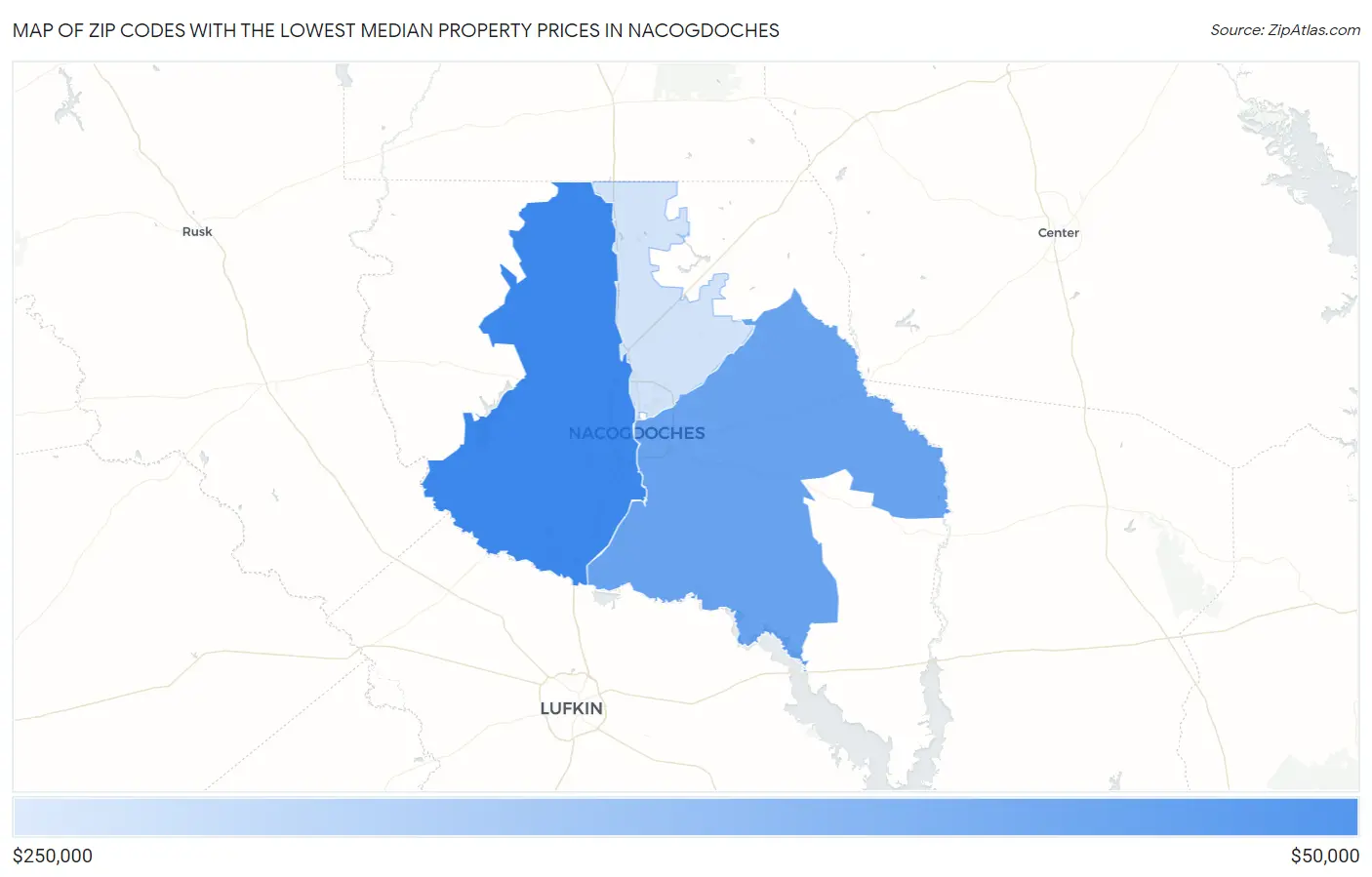 Zip Codes with the Lowest Median Property Prices in Nacogdoches Map