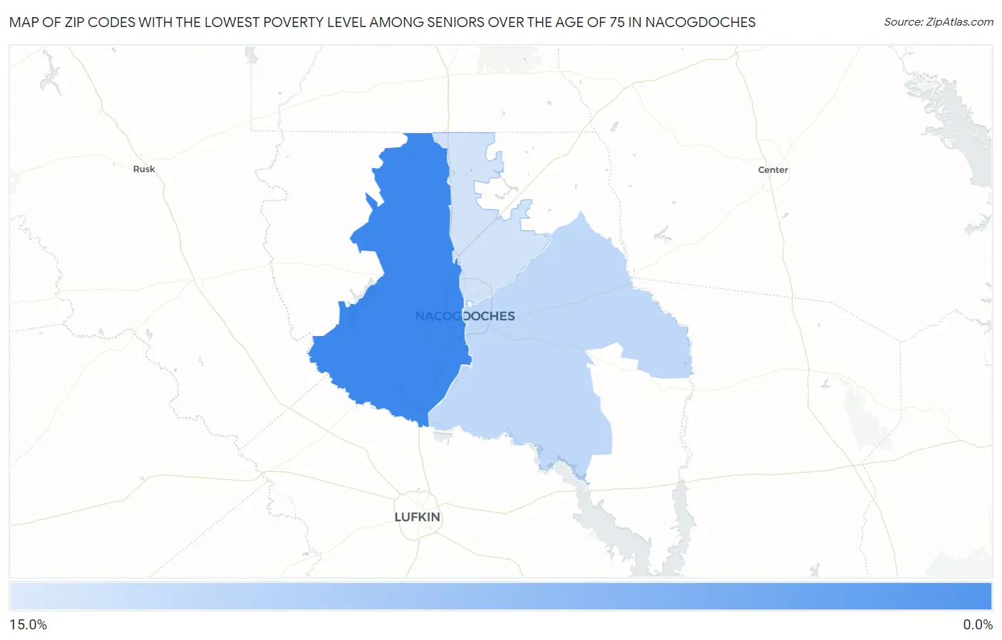 Zip Codes with the Lowest Poverty Level Among Seniors Over the Age of 75 in Nacogdoches Map