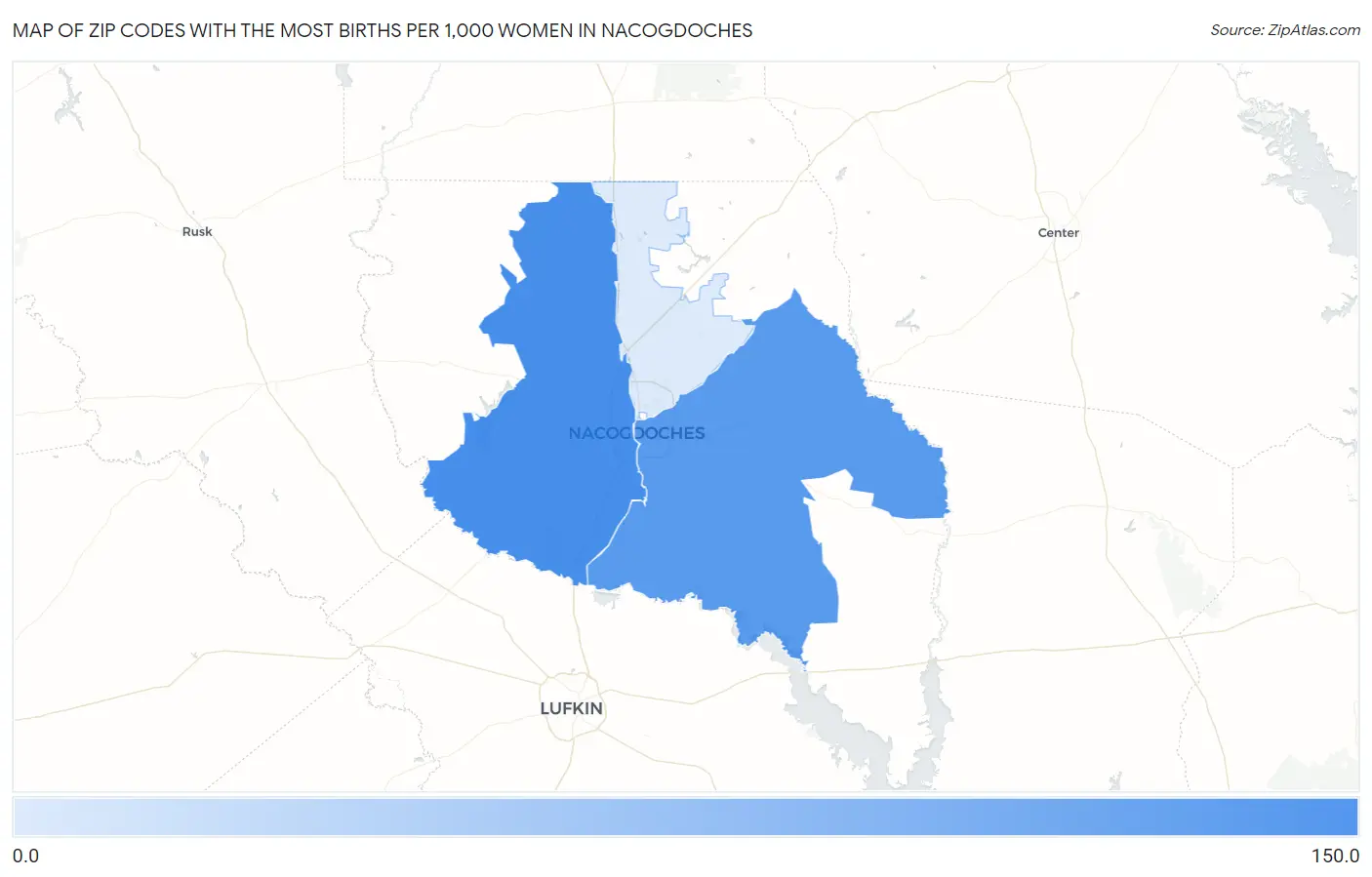Zip Codes with the Most Births per 1,000 Women in Nacogdoches Map