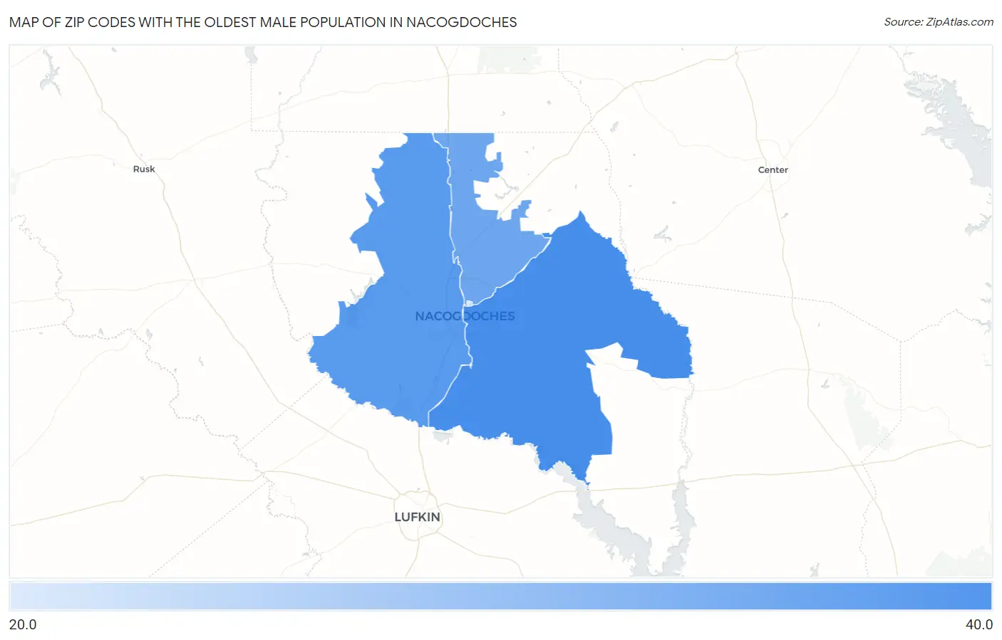 Zip Codes with the Oldest Male Population in Nacogdoches Map