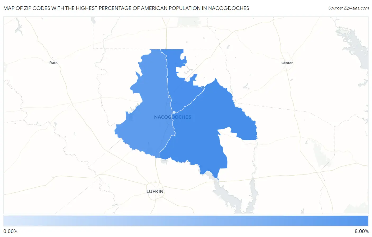 Zip Codes with the Highest Percentage of American Population in Nacogdoches Map