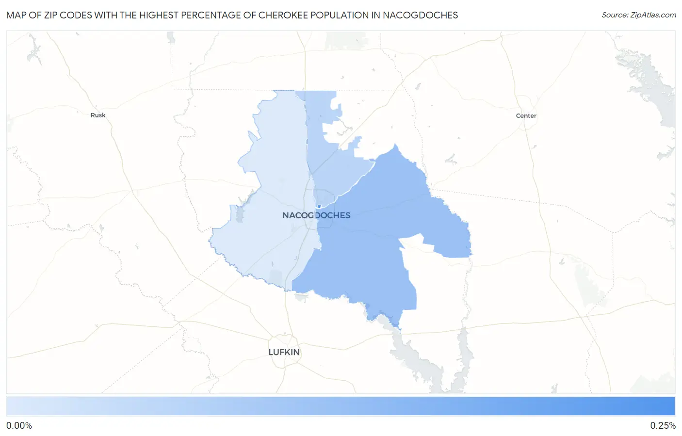 Zip Codes with the Highest Percentage of Cherokee Population in Nacogdoches Map
