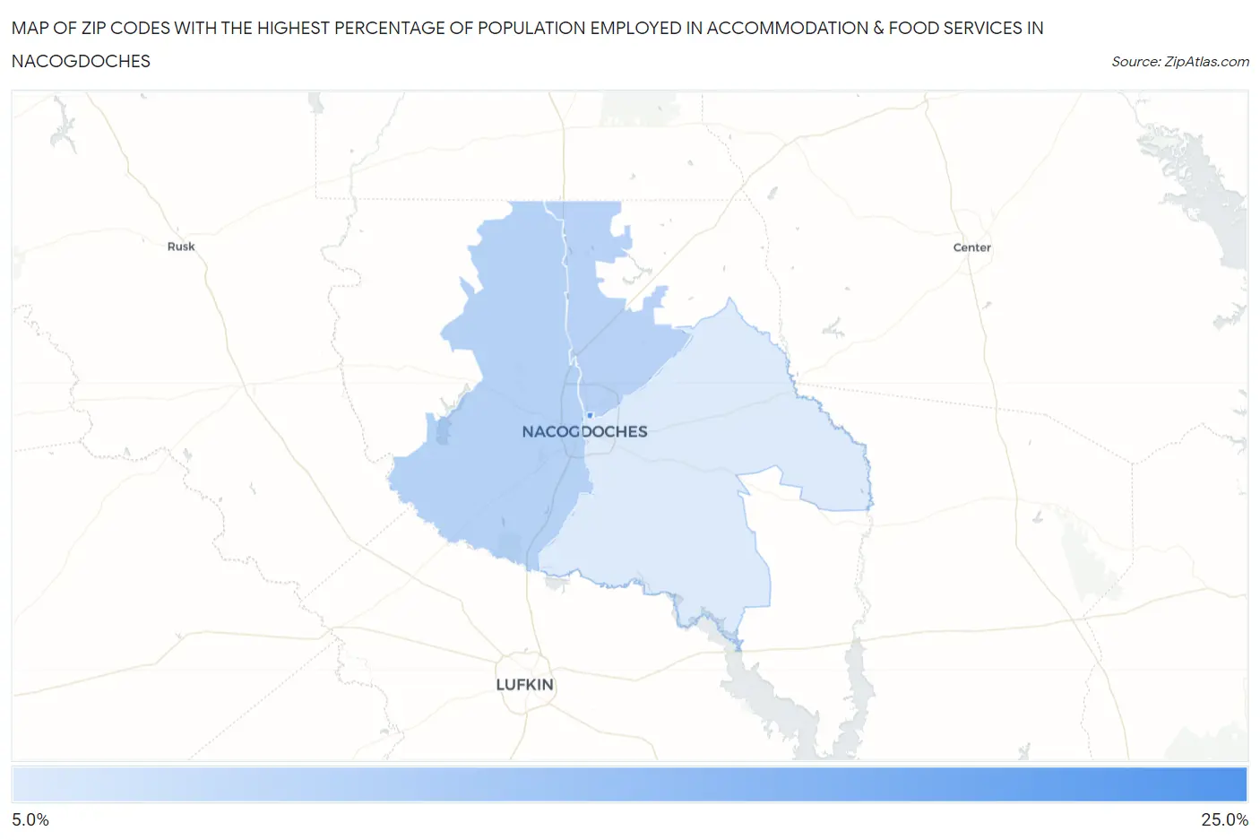 Zip Codes with the Highest Percentage of Population Employed in Accommodation & Food Services in Nacogdoches Map