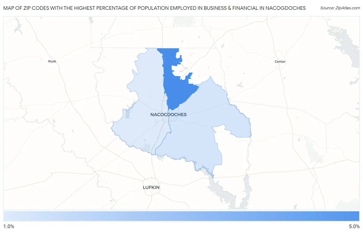 Zip Codes with the Highest Percentage of Population Employed in Business & Financial in Nacogdoches Map