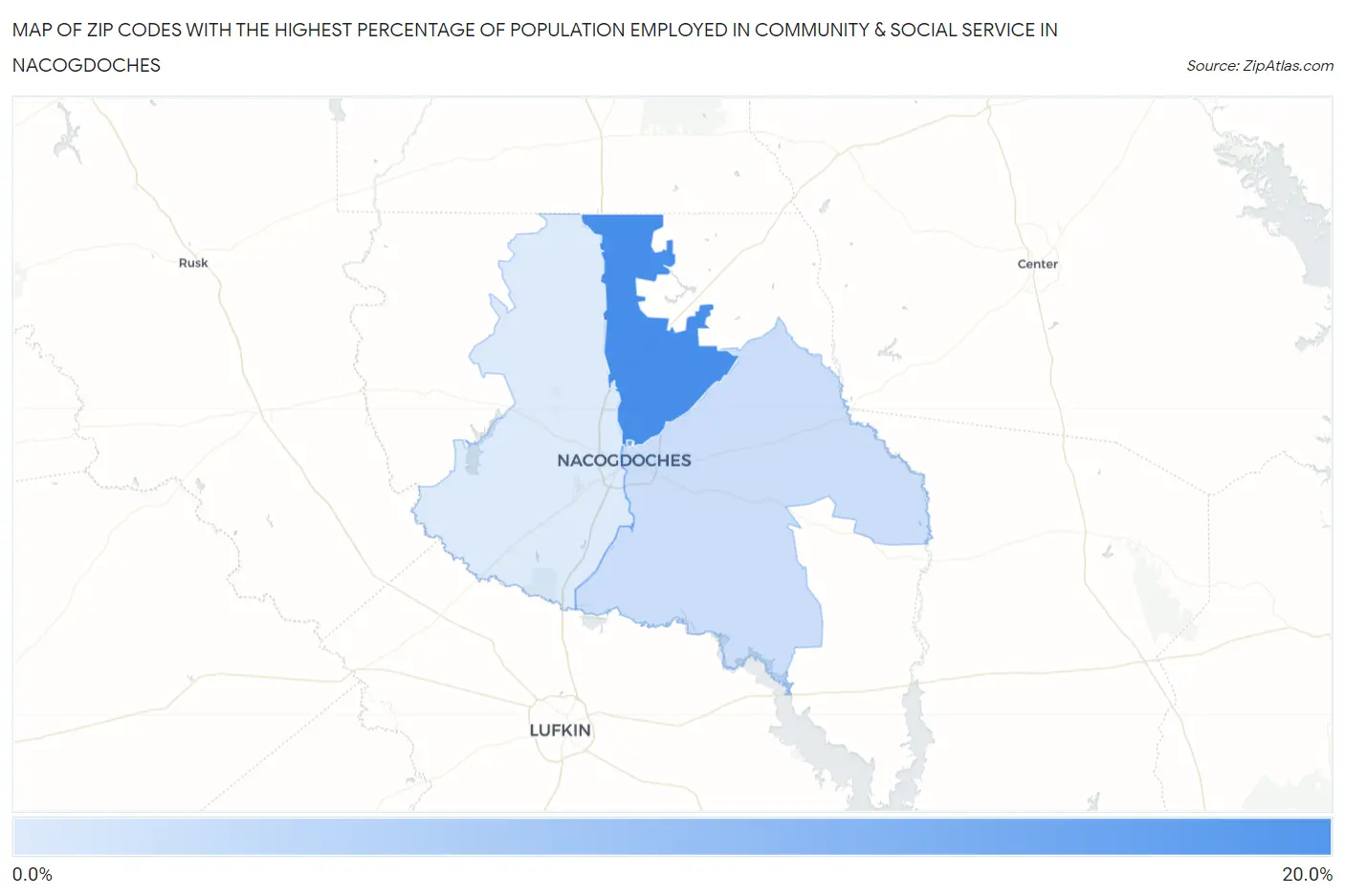 Zip Codes with the Highest Percentage of Population Employed in Community & Social Service  in Nacogdoches Map