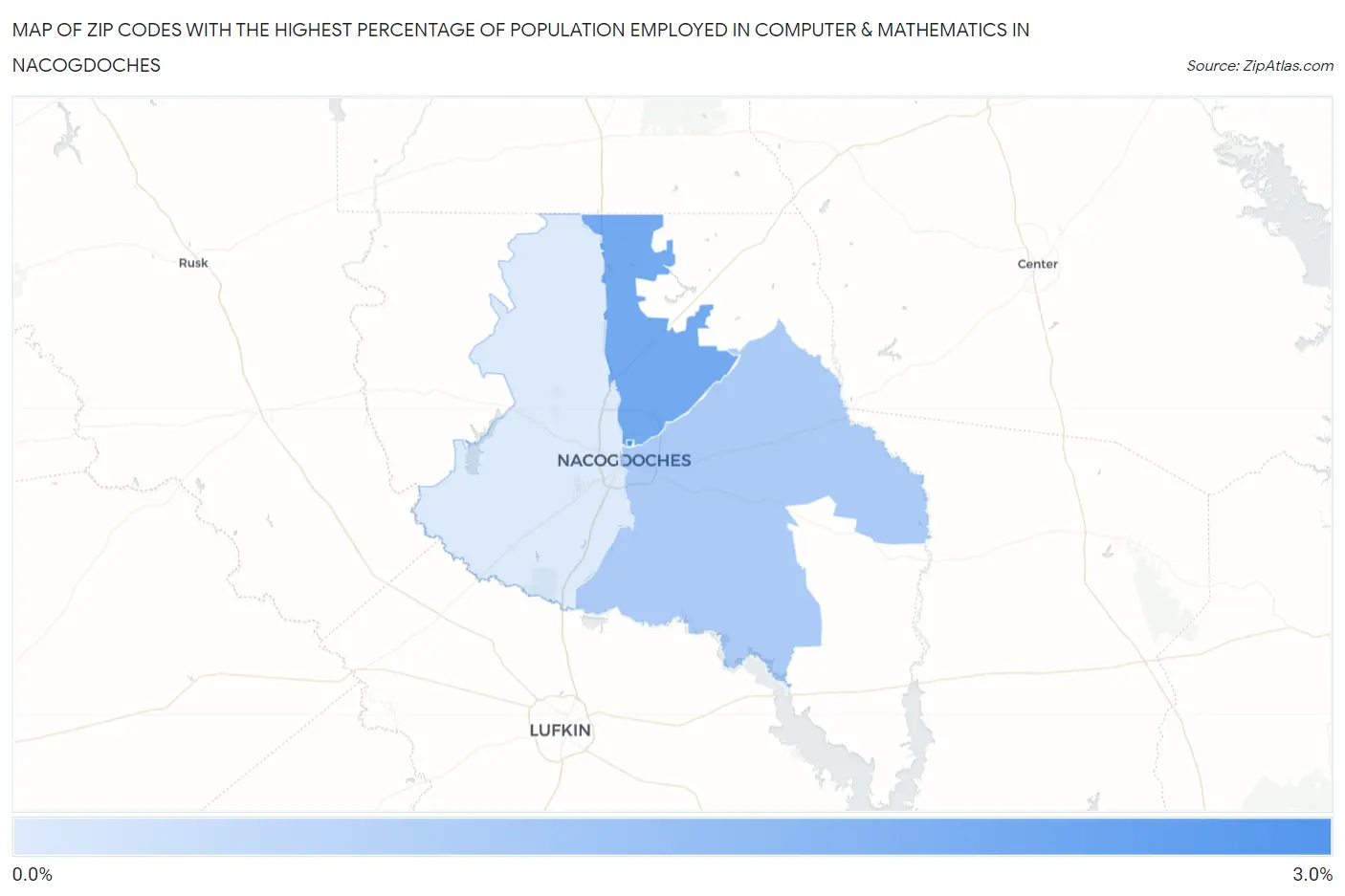 Zip Codes with the Highest Percentage of Population Employed in Computer & Mathematics in Nacogdoches Map