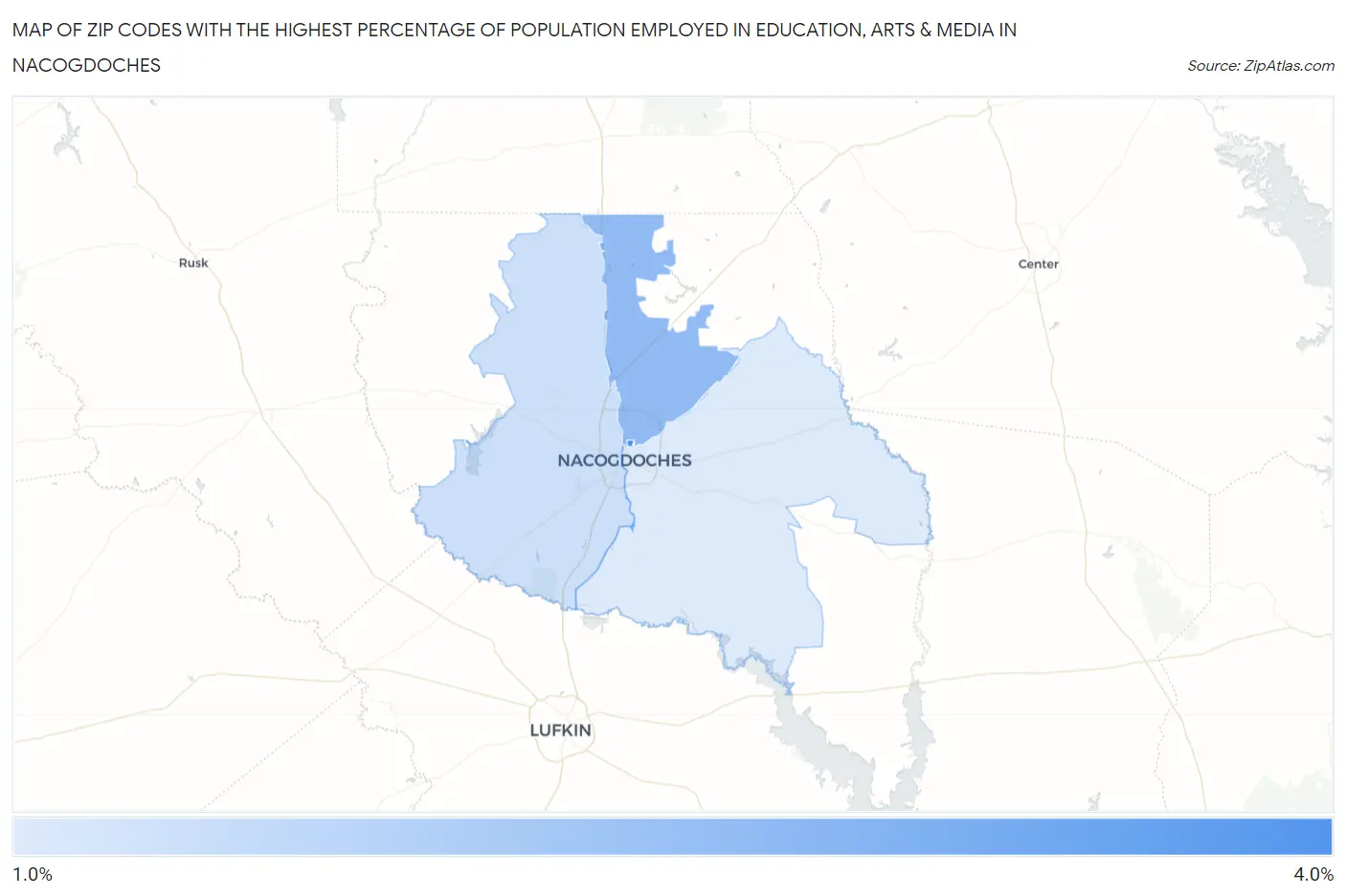 Zip Codes with the Highest Percentage of Population Employed in Education, Arts & Media in Nacogdoches Map