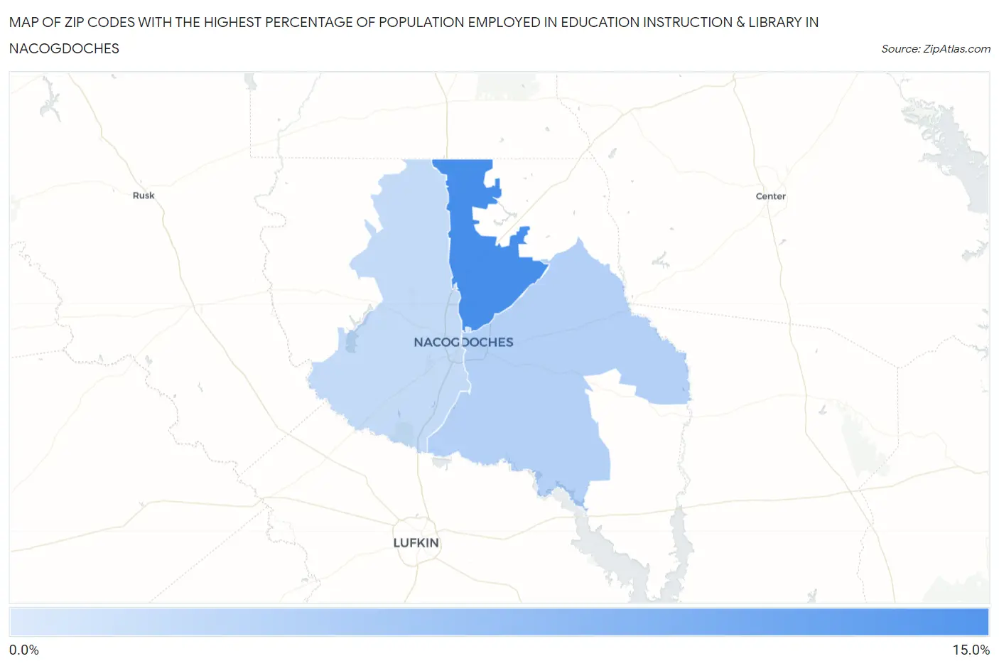 Zip Codes with the Highest Percentage of Population Employed in Education Instruction & Library in Nacogdoches Map