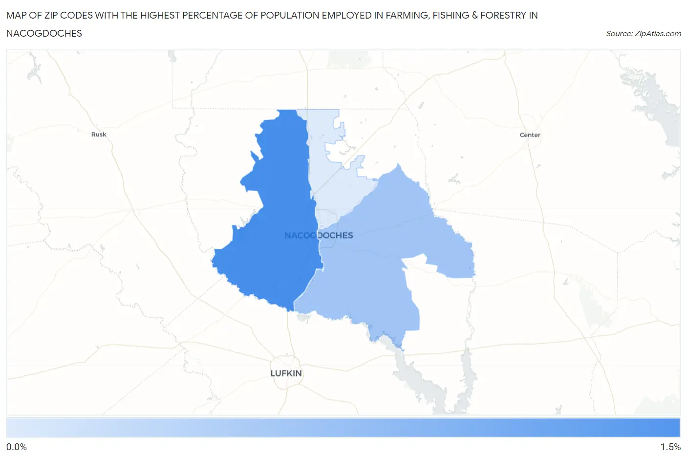 Zip Codes with the Highest Percentage of Population Employed in Farming, Fishing & Forestry in Nacogdoches Map