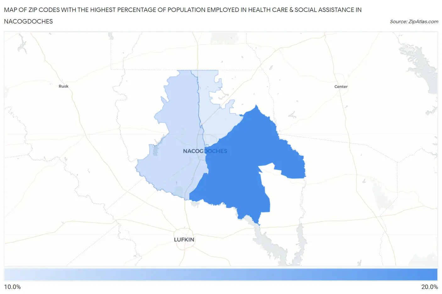 Zip Codes with the Highest Percentage of Population Employed in Health Care & Social Assistance in Nacogdoches Map