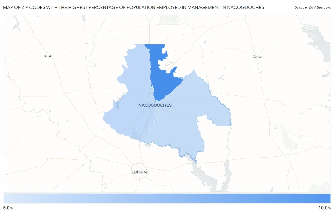 Zip Codes with the Highest Percentage of Population Employed in Management in Nacogdoches Map