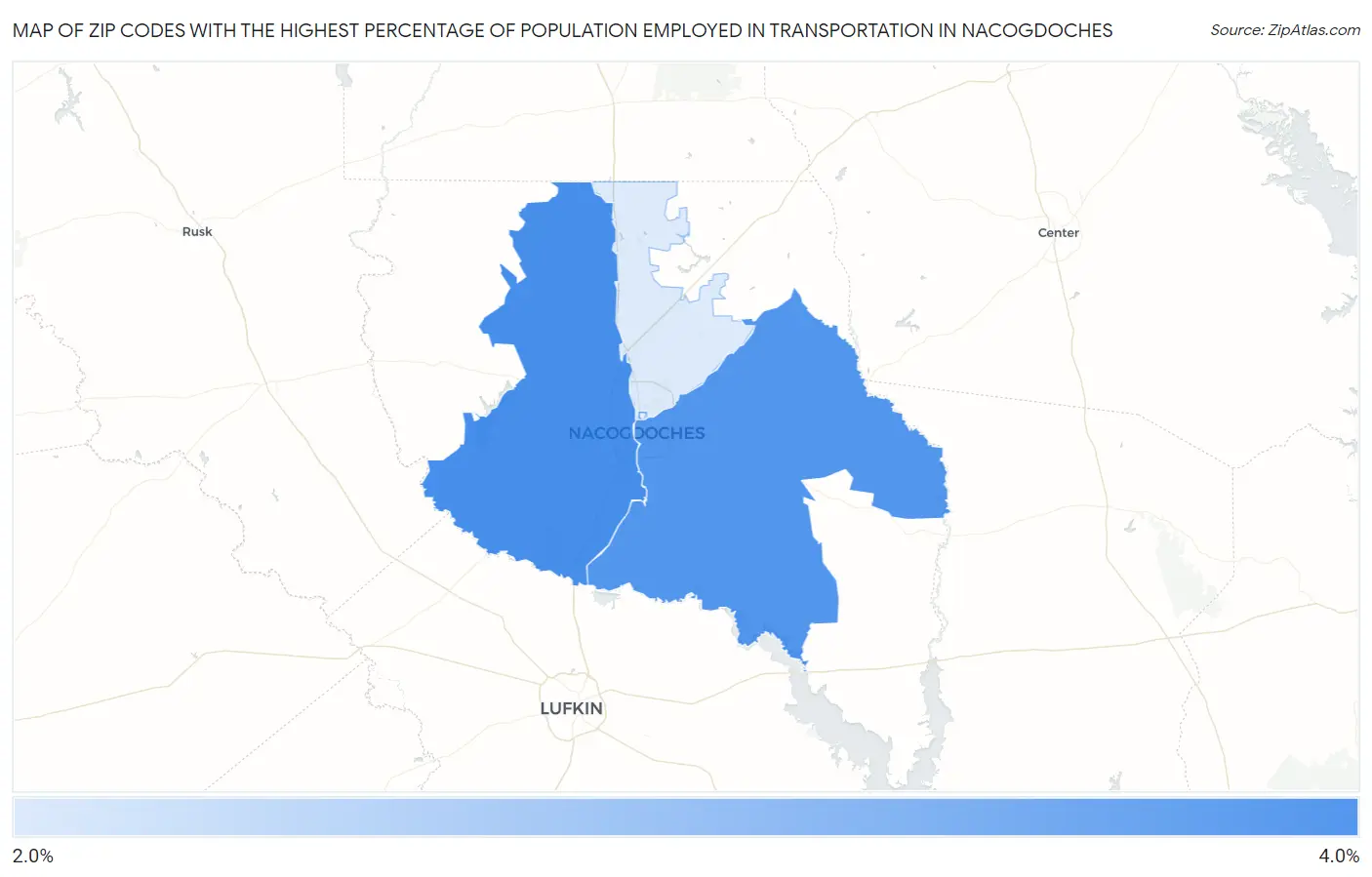 Zip Codes with the Highest Percentage of Population Employed in Transportation in Nacogdoches Map