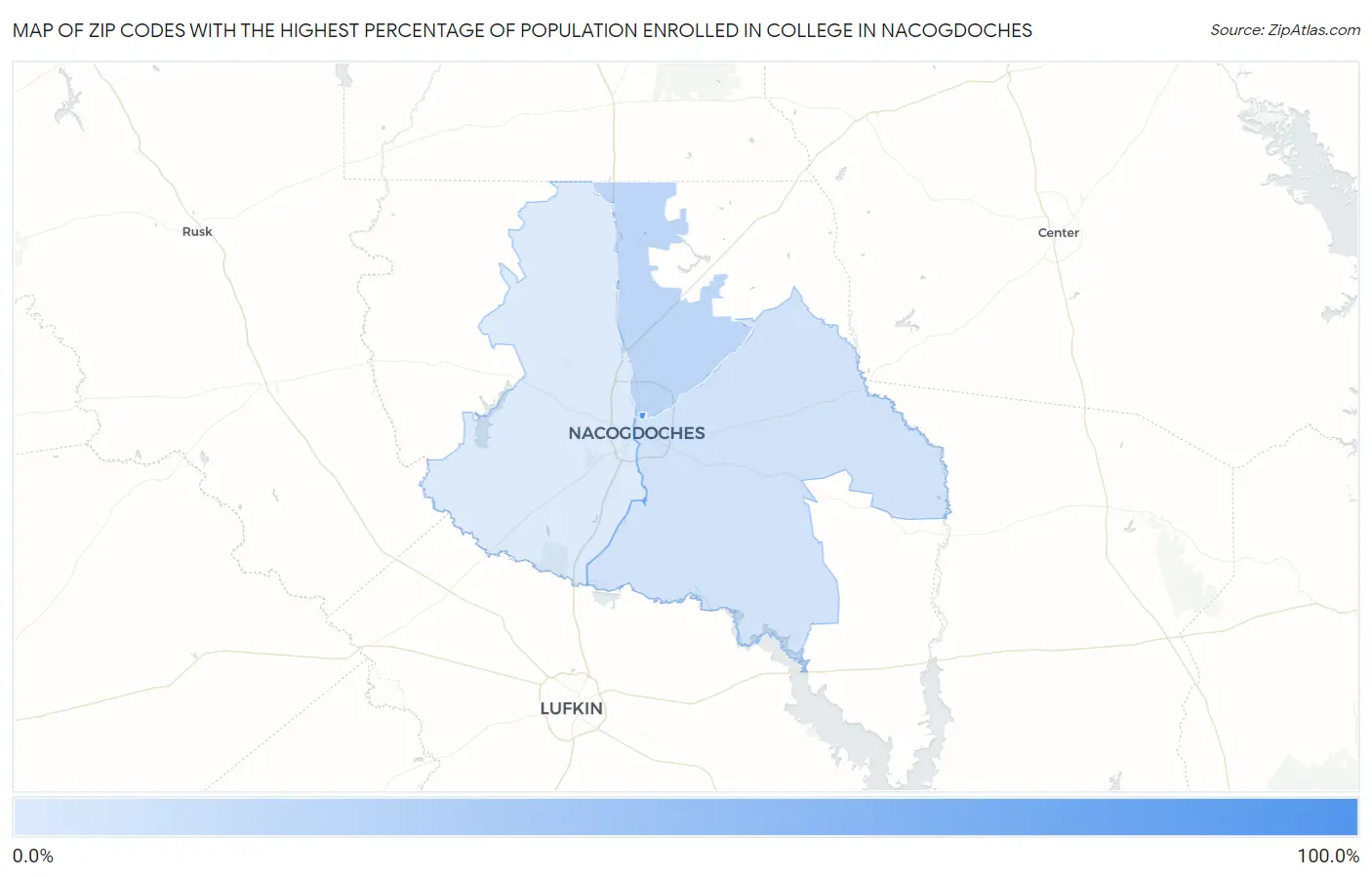 Zip Codes with the Highest Percentage of Population Enrolled in College in Nacogdoches Map