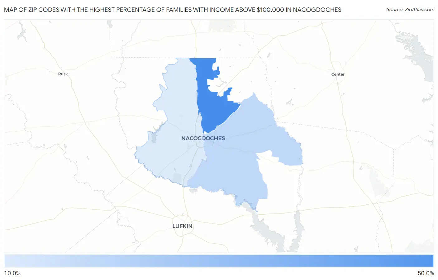 Zip Codes with the Highest Percentage of Families with Income Above $100,000 in Nacogdoches Map