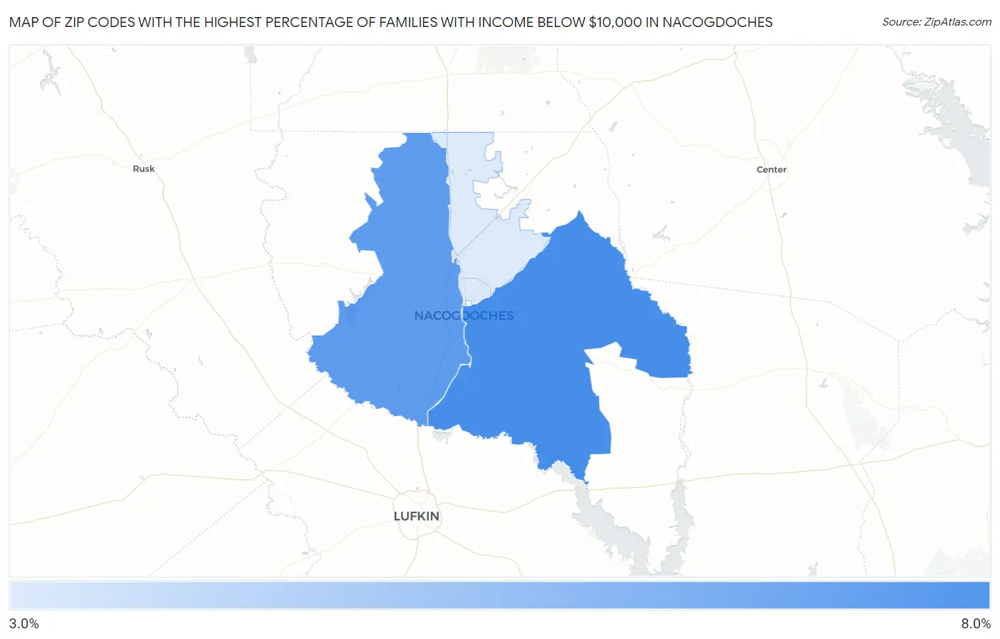 Zip Codes with the Highest Percentage of Families with Income Below $10,000 in Nacogdoches Map